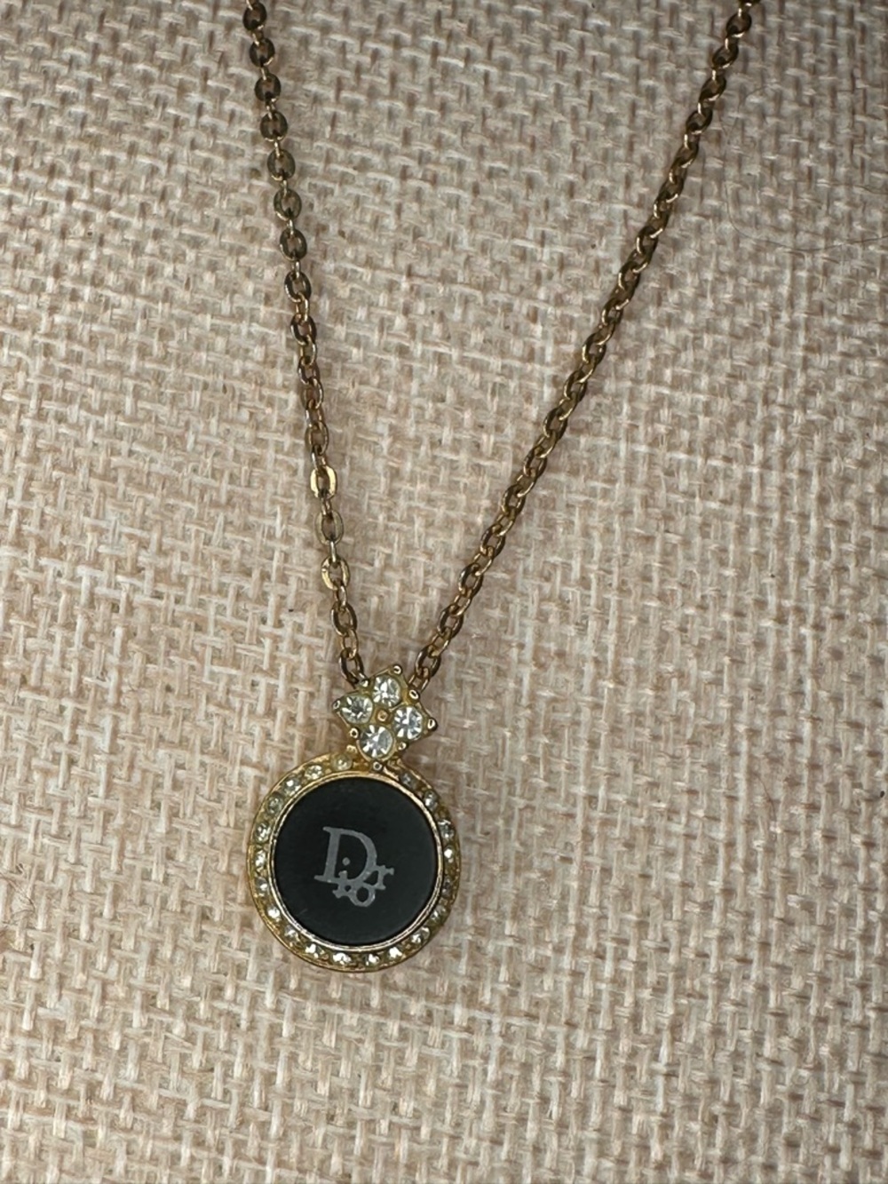 Christian Dior CD Logo Necklace Black Enamel Crystal Halo Gold Plated Vintage - Picture 4 of 11